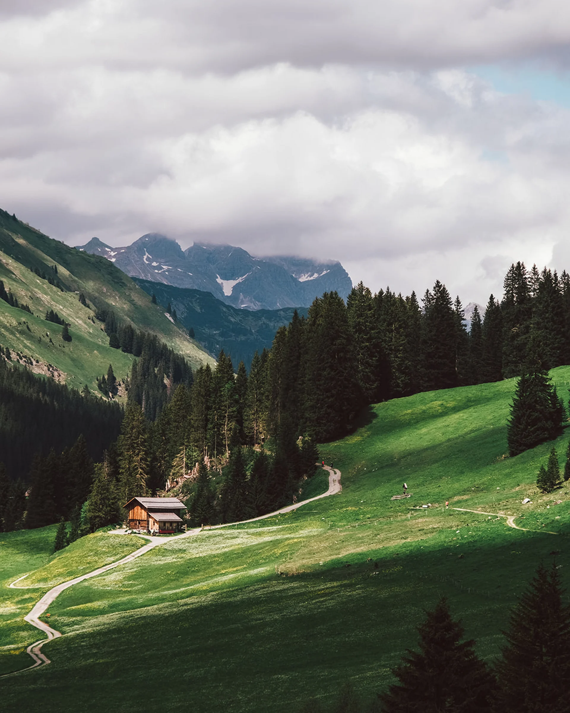 Aurora, Ihr Hotel in Lech am Arlberg Grüne Almwiese mit Hütte und bewaldeten Hügeln unter bewölktem Himmel
