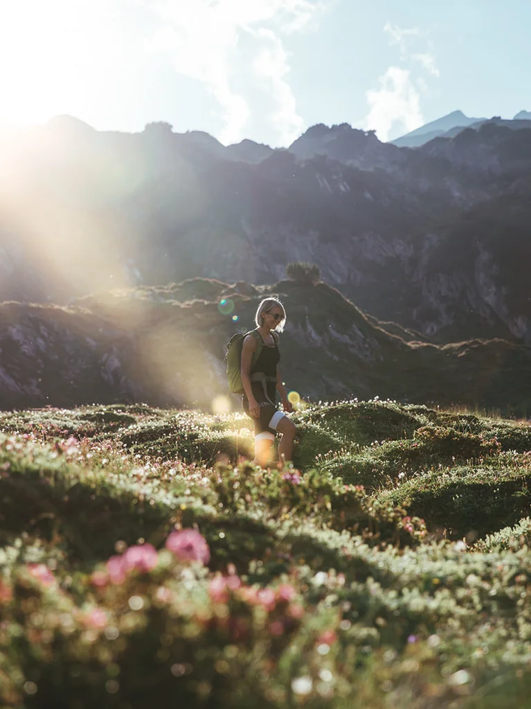 Culture and events in Lech am Arlberg Person hiking through flower-covered mountain meadow at sunset