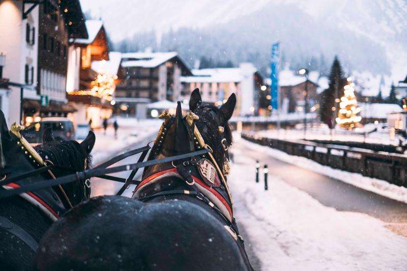 Zwei Kutschen-Pferde fahren mit der Kutsche durch das Dorf Lech am Arlberg